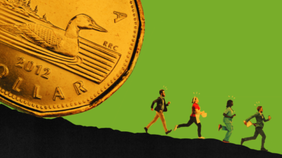 A large Canadian loonie rolling down a hill behind four people